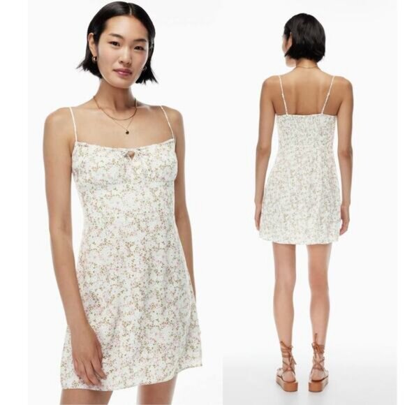 WILFRED Aritzia Bellow Printed Ruched-Bodice Mini Dress Sz 2 Pastel Sage Green - Picture 1 of 9